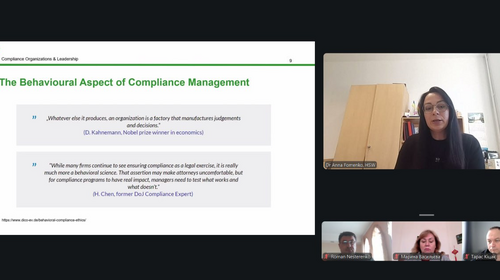 Compliance Management in der Pilotphase Dr. Anna Fomenko hält online einen Vortrag zum verhaltensbezogenen Aspekt des Compliance Managements.